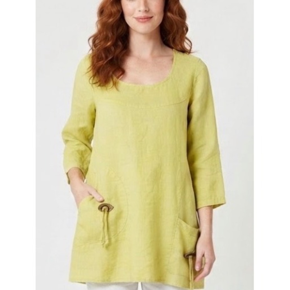 Click by Color Me Cotton Linen Tunic Top Asymmetric Pockets Lime Green Small